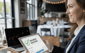 woman taking integrated payment in event management